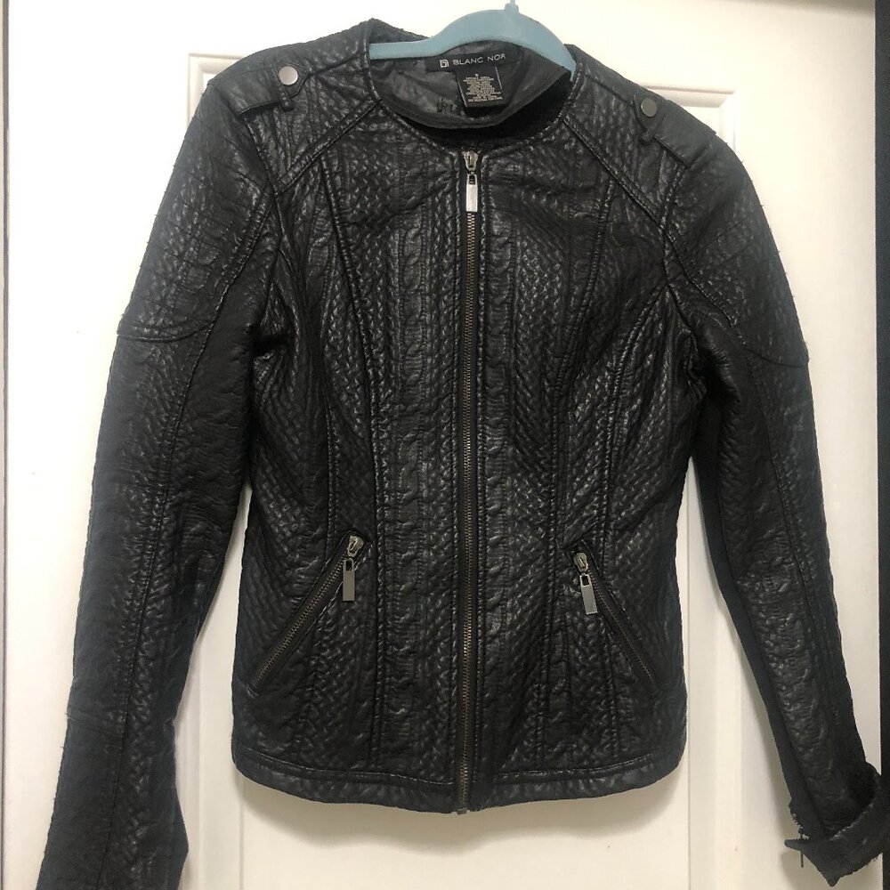Blanc Noir black leather motorcycle jacket Distressed Worn Look Women Size SMALL - Picture 2 of 6